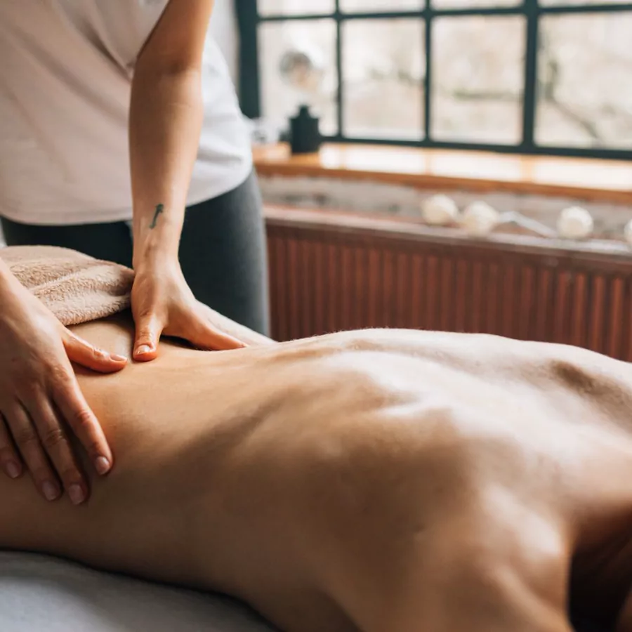 A massage on a spa table, lit by a window