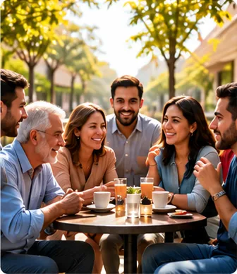 Un grupo de amigos de varias edades conversando en una terraza
